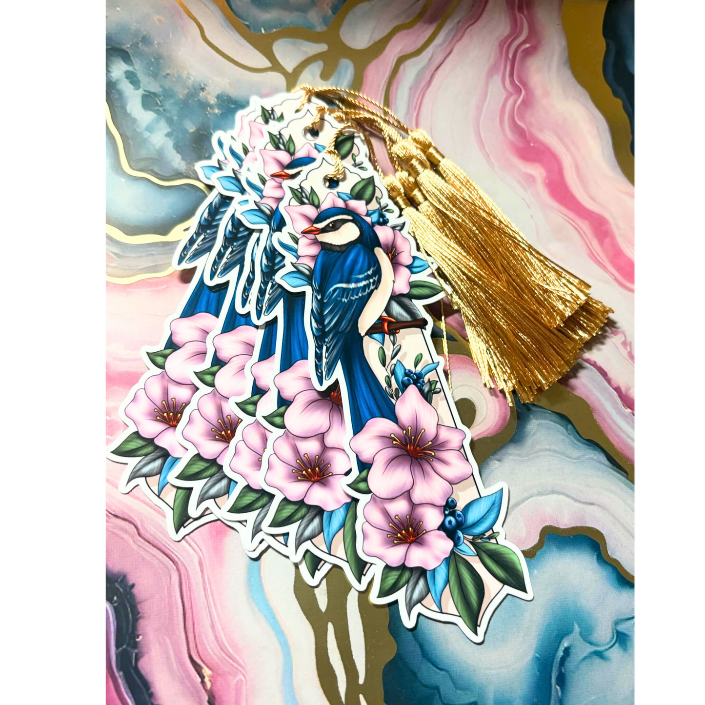 Blue Bird with Pink Flowers Bookmark