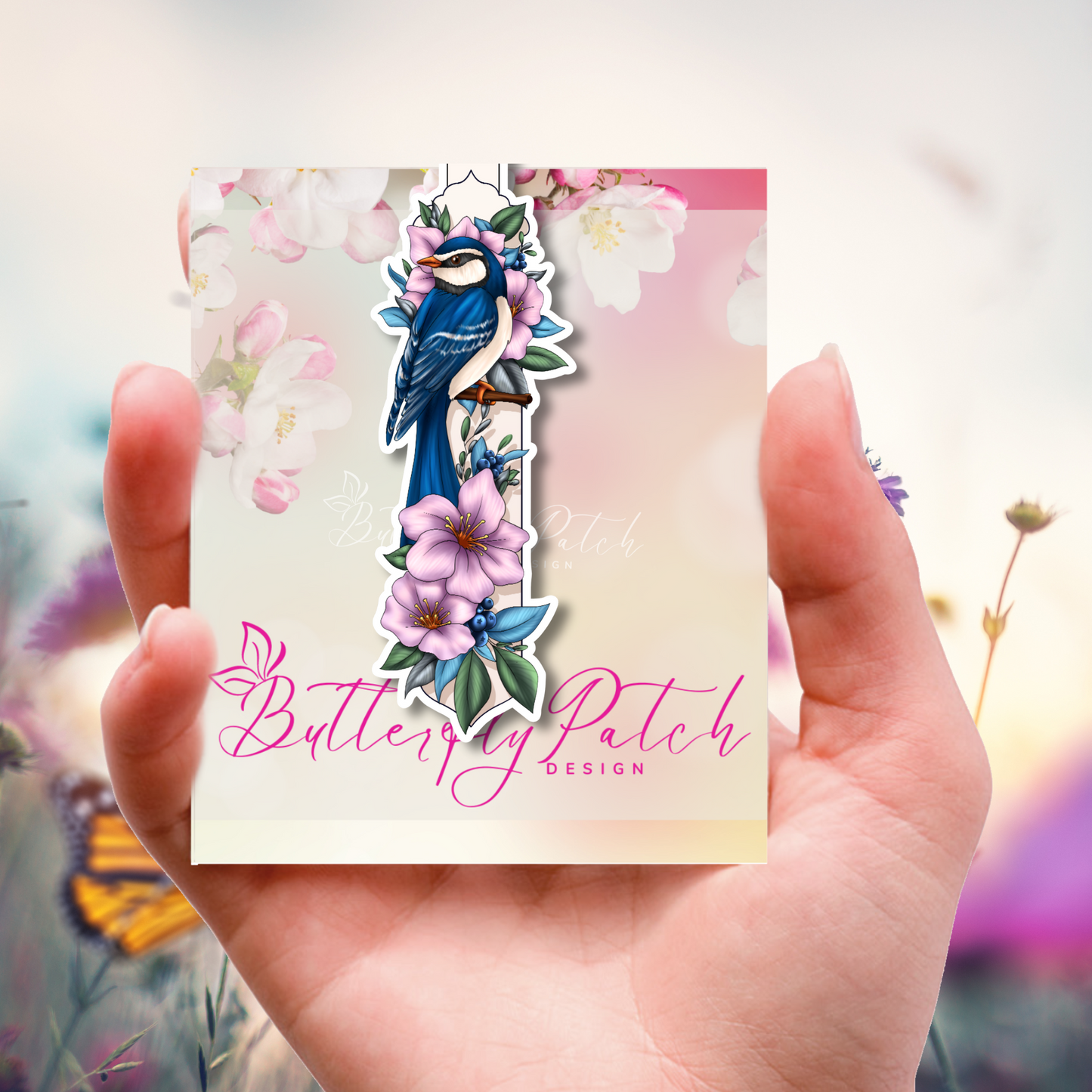 Blue Bird with Pink Flowers Magnetic Bookmark