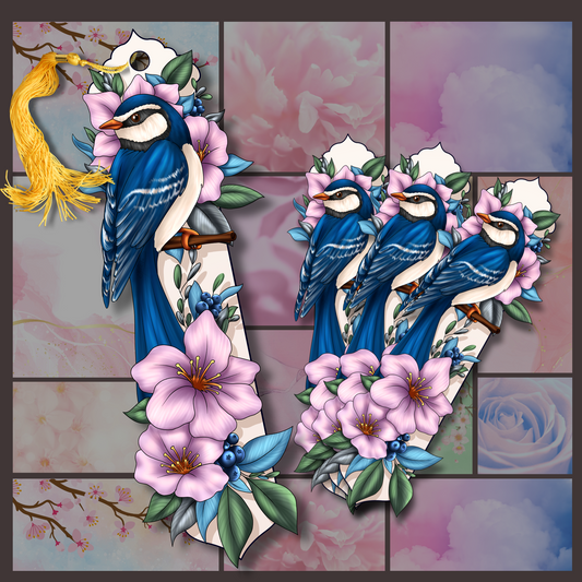 Blue Bird with Pink Flowers Bookmark