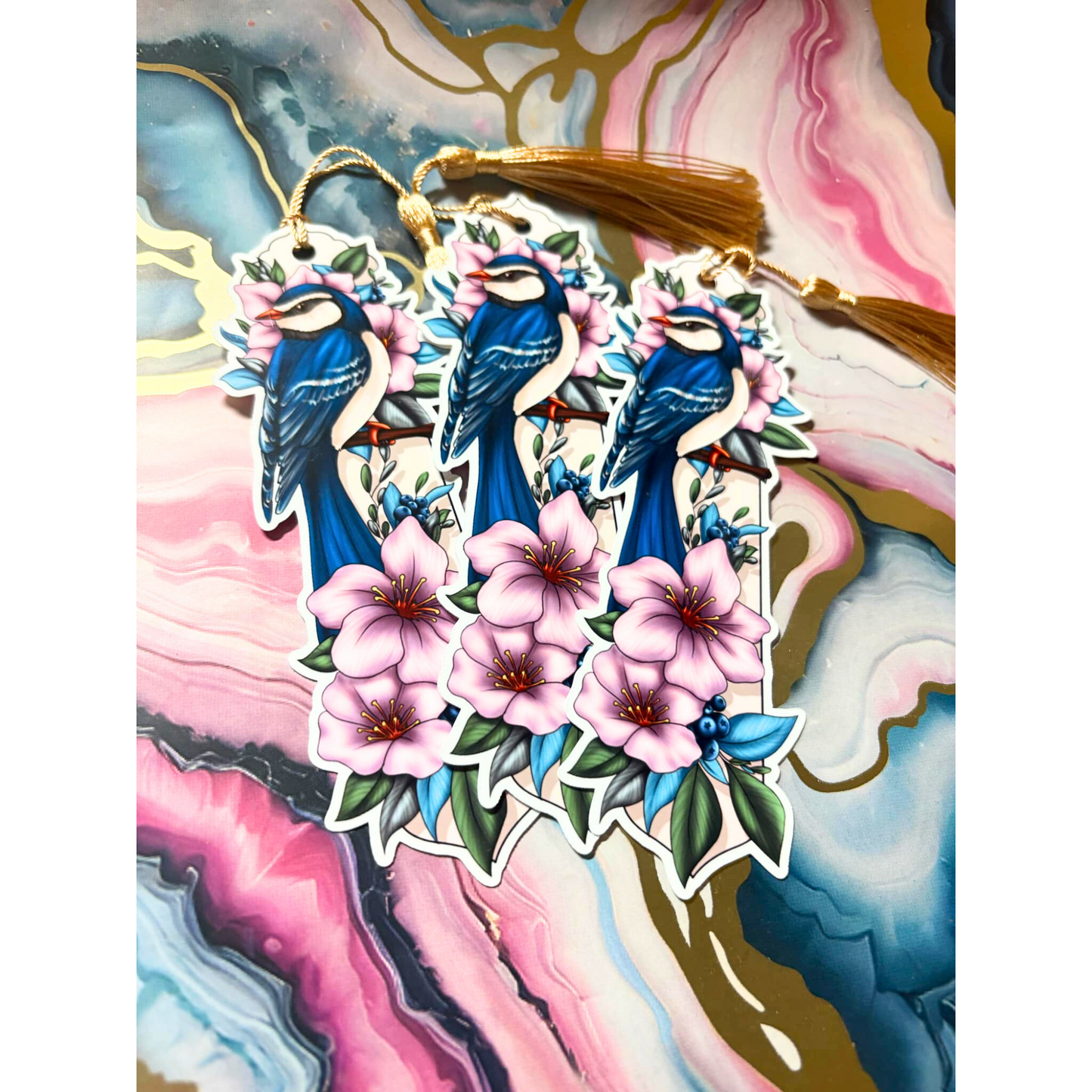 Blue Bird with Pink Flowers Bookmark